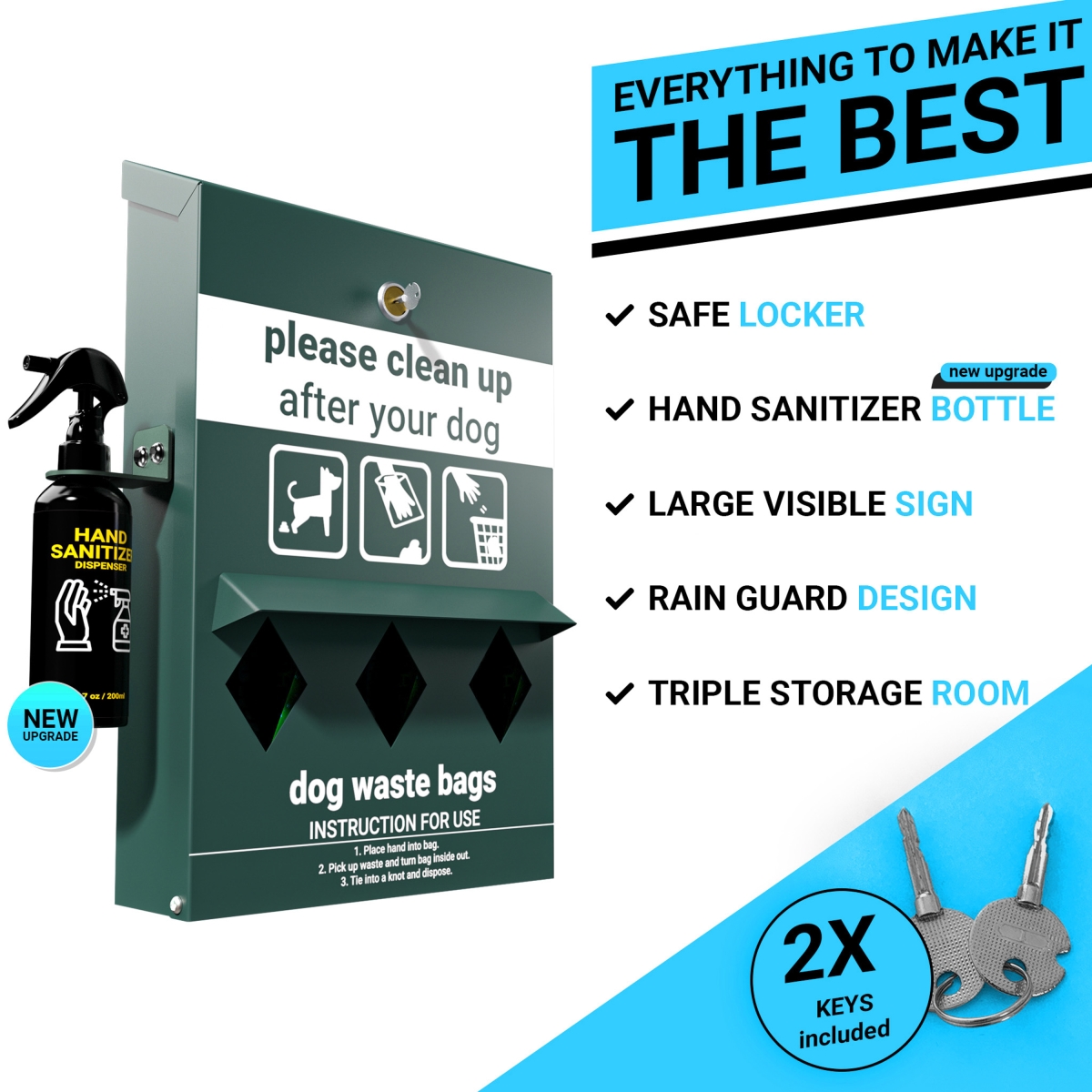 Picture of Flash Furniture YAN-Y2V045425-GG Kessler Locking Dog Waste Bag Dispenser with Glow in the Dark Sign&#44; Hand Sanitizer Bottle & Rain Guard - 600 Roll Bags Included&#44; Green