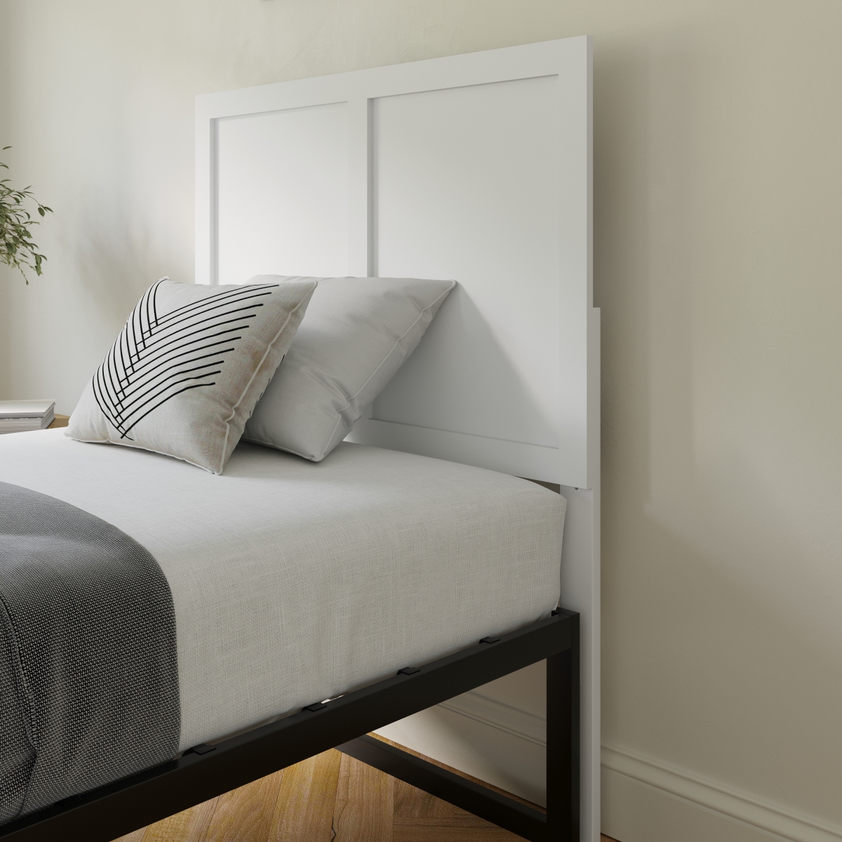 MG-9708THB-T-WHT-GG Oliver Two Panel Wooden Adjustable Headboard for Universal Metal Bed Frames in White - Twin Size
