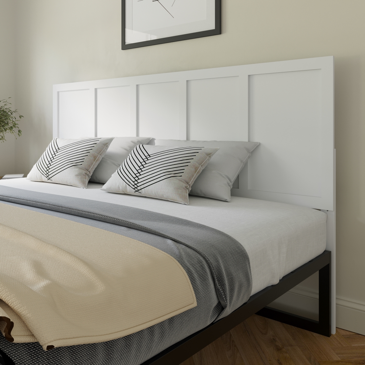MG-9708KHB-K-WHT-GG Oliver Four Panel Wooden Adjustable Headboard for Universal Metal Bed Frames in White - King Size