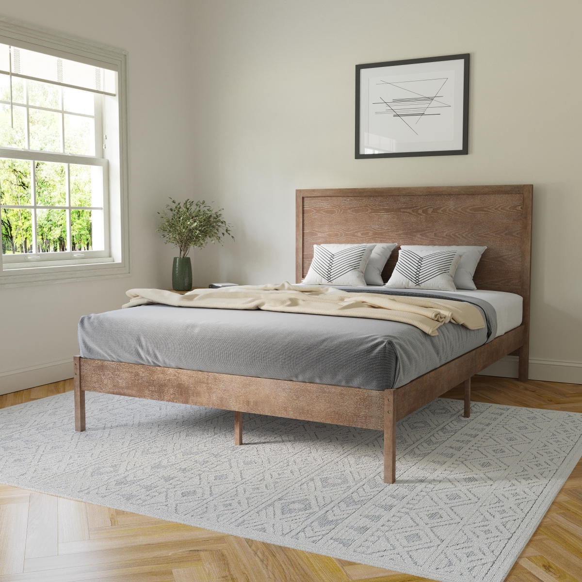 Asher Solid Wood Platform Bed with Wooden Slats & Headboard - No Box Spring Needed - Light Brown - Queen Size