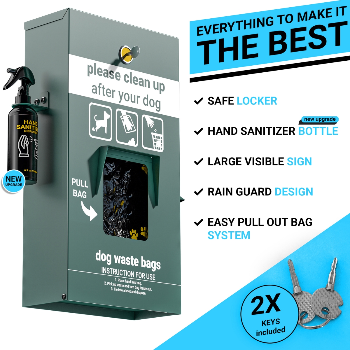 Picture of Flash Furniture YAN-GC0855425-GG Kessler Locking Dog Waste Bag Dispenser with Glow in the Dark Sign&#44; Hand Sanitizer Bottle & Rain Guard - 400 Pull Out Header Bags Included&#44; Green