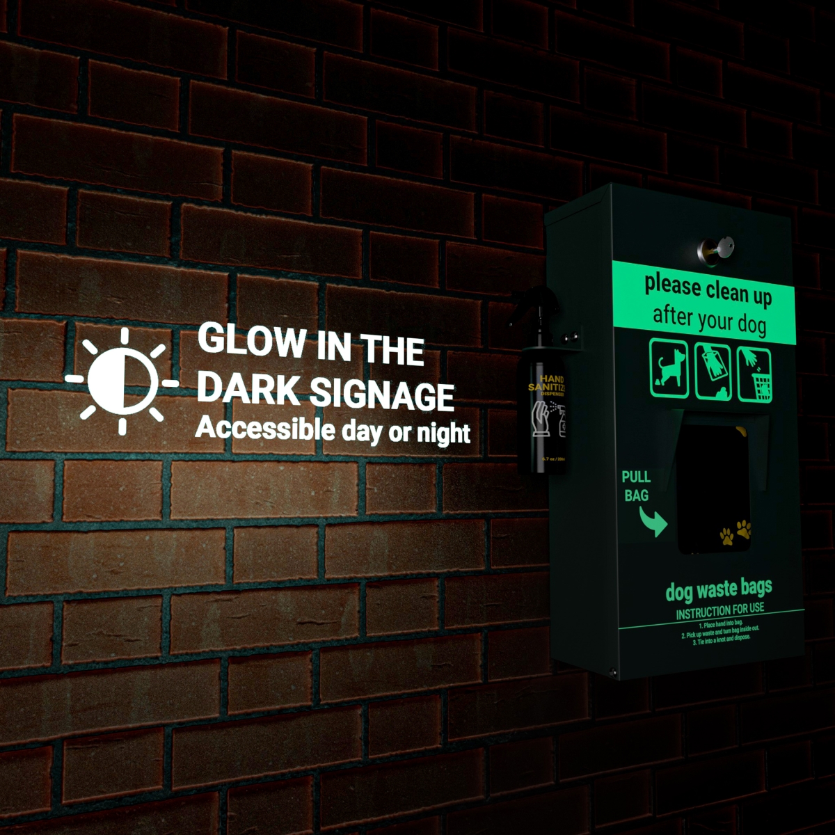 Picture of Flash Furniture YAN-GC0855425-GG Kessler Locking Dog Waste Bag Dispenser with Glow in the Dark Sign&#44; Hand Sanitizer Bottle & Rain Guard - 400 Pull Out Header Bags Included&#44; Green