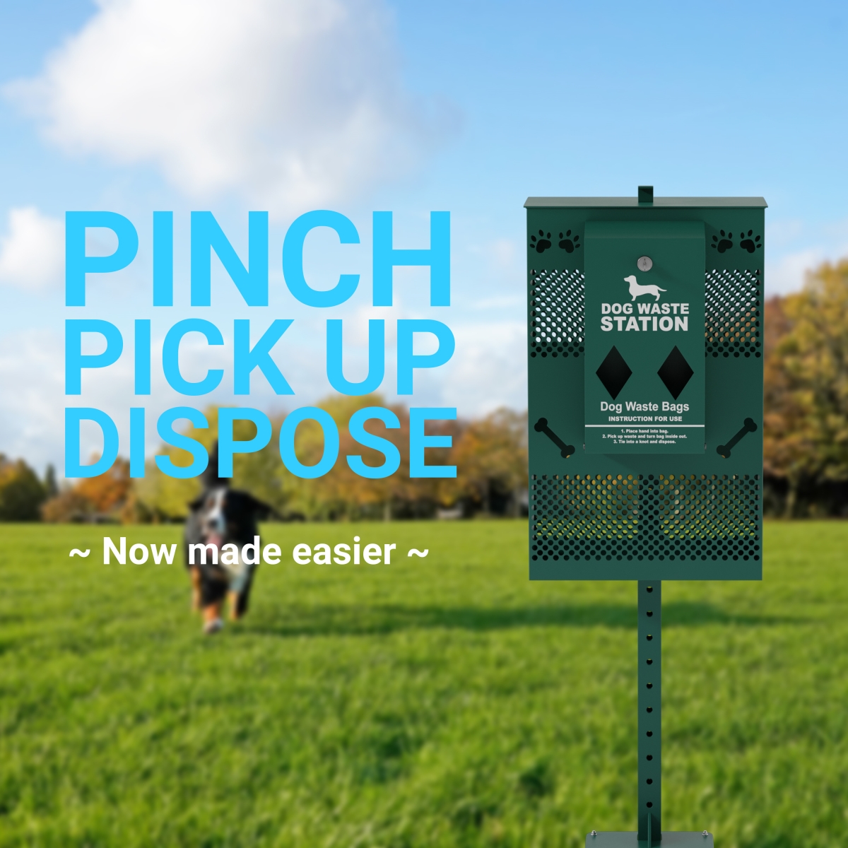 YAN-G5S065425-GG Kessler Compact Dog Waste Station with Rectangular Lidded Trash Can & Locking Roll Waste Bag Dispenser in Green