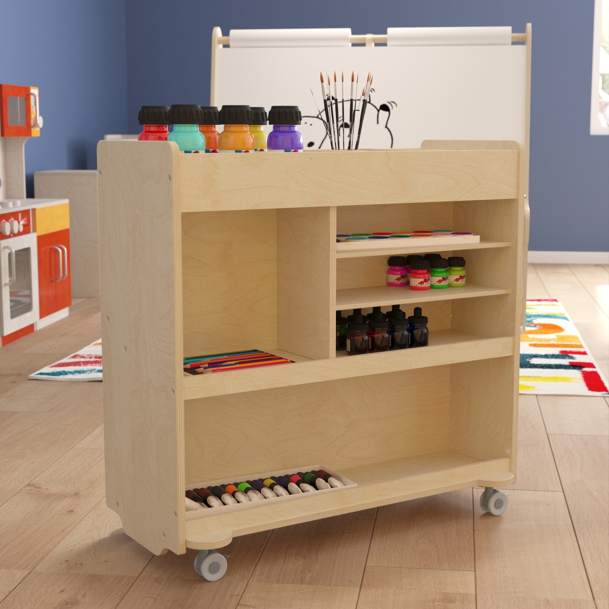 Picture of Flash Furniture MK-ME08190-GG Bright Beginnings Commercial Grade Wooden Mobile Storage Cart with 4 Top Storage Compartments&#44; 5 Cubbies & Locking Caster Wheels&#44; Beech