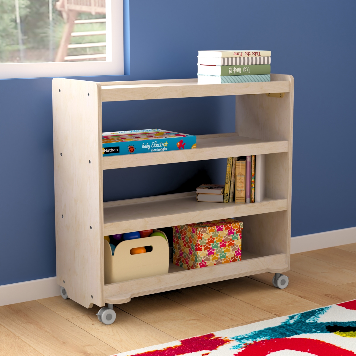 Picture of Flash Furniture MK-KE24114-GG Bright Beginnings Commercial Grade Space Saving 4 Shelf Wooden Mobile Classroom Storage Cart with Locking Caster Wheels, Kid Friendly Design, Natural