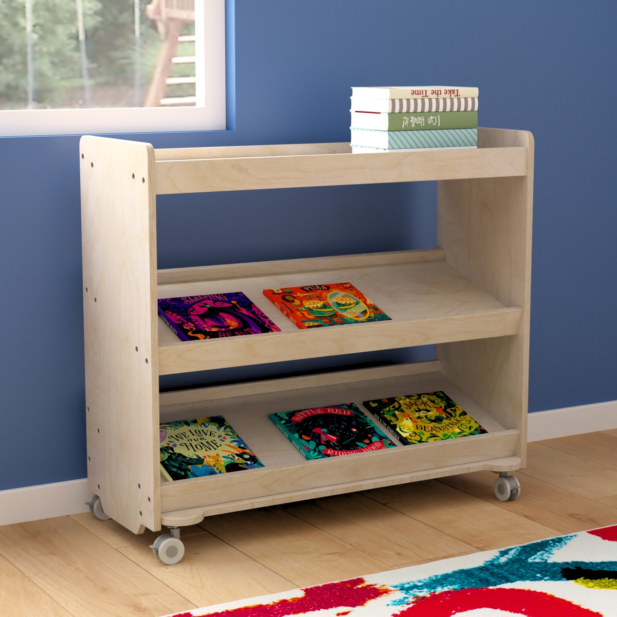Picture of Flash Furniture MK-ME13705-GG Bright Beginnings Commercial Space Saving Wooden Mobile Classroom Storage Cart - 3 Angled Shelves, Locking Caster Wheels, Kid Friendly Design, Natural