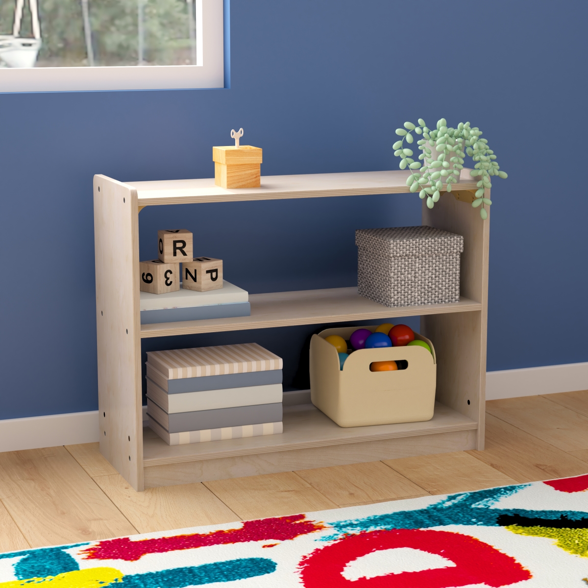 Picture of Flash Furniture MK-KE23919-GG Bright Beginnings Commercial Grade 2 Shelf Wooden Classroom Open Storage Unit, Safe, Kid Friendly Design, Natural