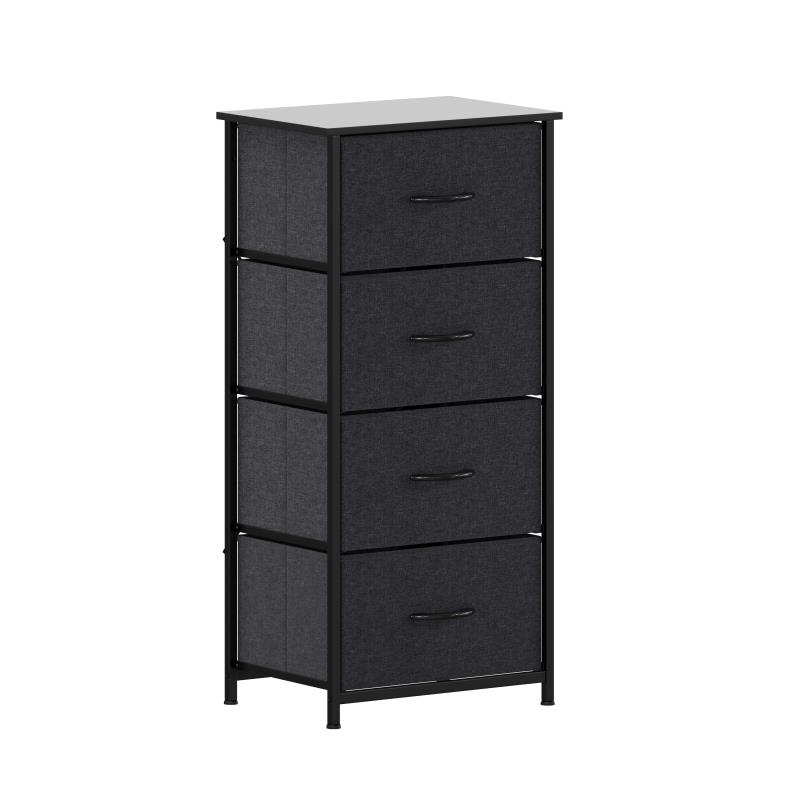 Harris 4 Drawer Vertical Storage Dresser with Black Cast Iron Frame & Wood Top & Black Easy Pull Fabric Drawers with Wooden Handles -  Flash Furniture, WX-5L203L-W-BK-BK-GG