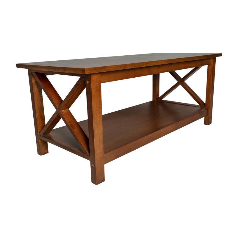 LFS-2007-WAL-GG Jasper Farmhouse Style Solid Wood Coffee Table with Traditional X-Frame Design & Lower Shelf in Walnut