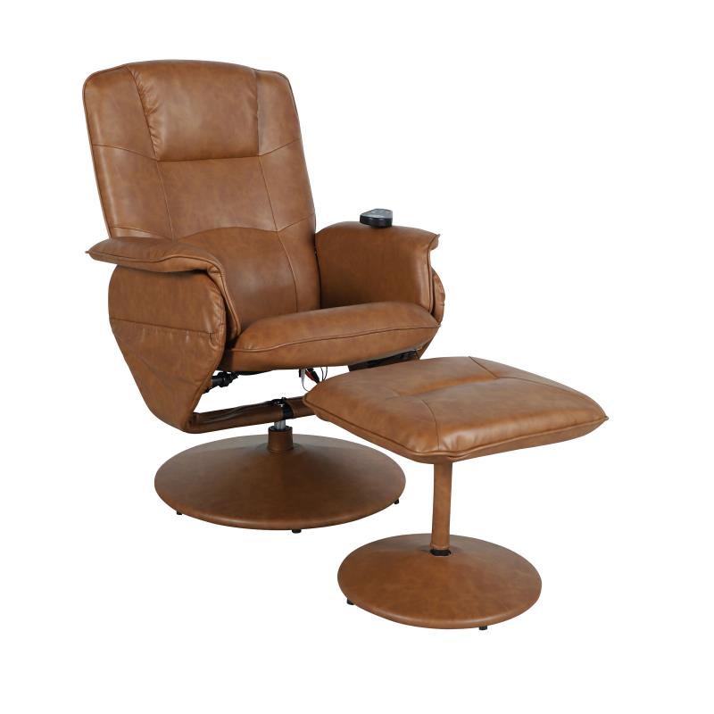 BT-753P-MASSAGE-CGN-GG Cason Massaging Adjustable Recliner with Deep Side Pockets & Ottoman with Wrapped Base in Brown LeatherSoft