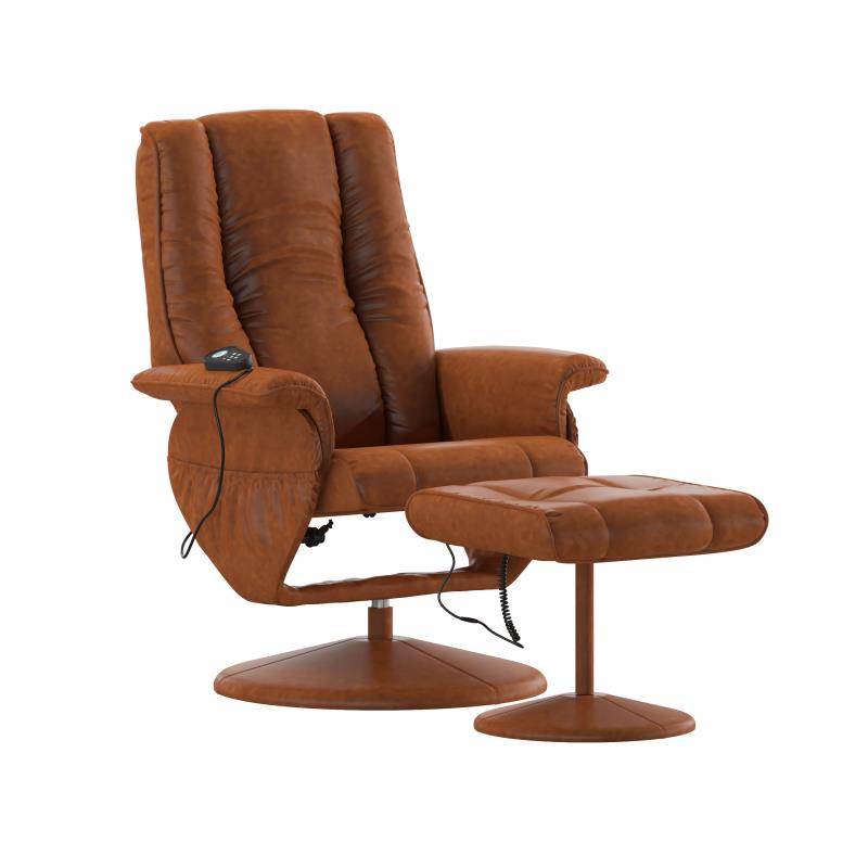 BT-7600P-MASSAGE-CGN-GG Hall Massaging Heat Controlled Adjustable Recliner & Ottoman with Wrapped Base in Brown LeatherSoft
