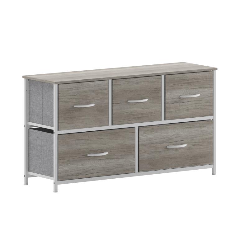 Harris 5 Drawer Storage Dresser with White Cast Iron Frame, Light Natural Wood Top & Easy Pull Engineered Wood Drawers & White Wooden Handles -  Flash Furniture, WX-5L206-MDF-WHT-LNT-GG