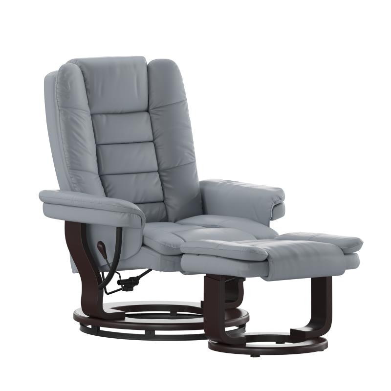 BT-7818-GY-GG Bali Contemporary Multi-Position Recliner with Horizontal Stitching & Ottoman with Swivel Mahogany Wood Base in Gray LeatherSoft -  Flash Furniture