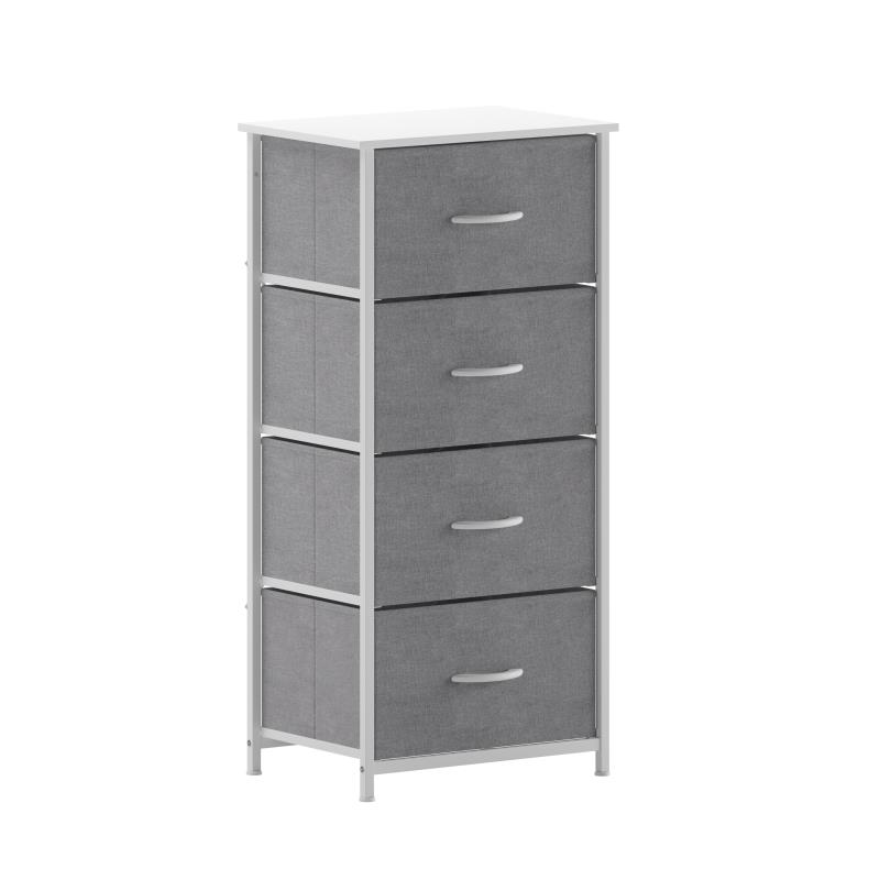 Harris 4 Drawer Vertical Storage Dresser with White Cast Iron Frame, White Wood Top & Gray Easy Pull Fabric Drawers with White Wooden Handles -  Flash Furniture, WX-5L203L-W-WH-GR-GG