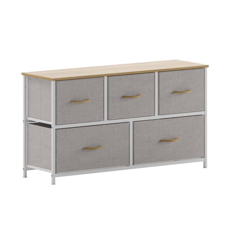 Harris 5 Drawer Vertical Storage Dresser with White Cast Iron Frame, Oak Wood Top & Beige Easy Pull Fabric Drawers with Natural Wooden Handles -  Flash Furniture, WX-5L206-W-WH-BG-GG