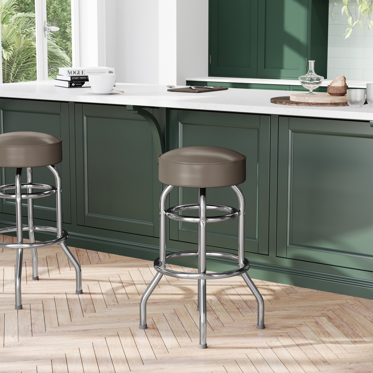 XU-D-100-BEIGE-GG Bruno Double Ring Chrome Barstool with Beige Seat