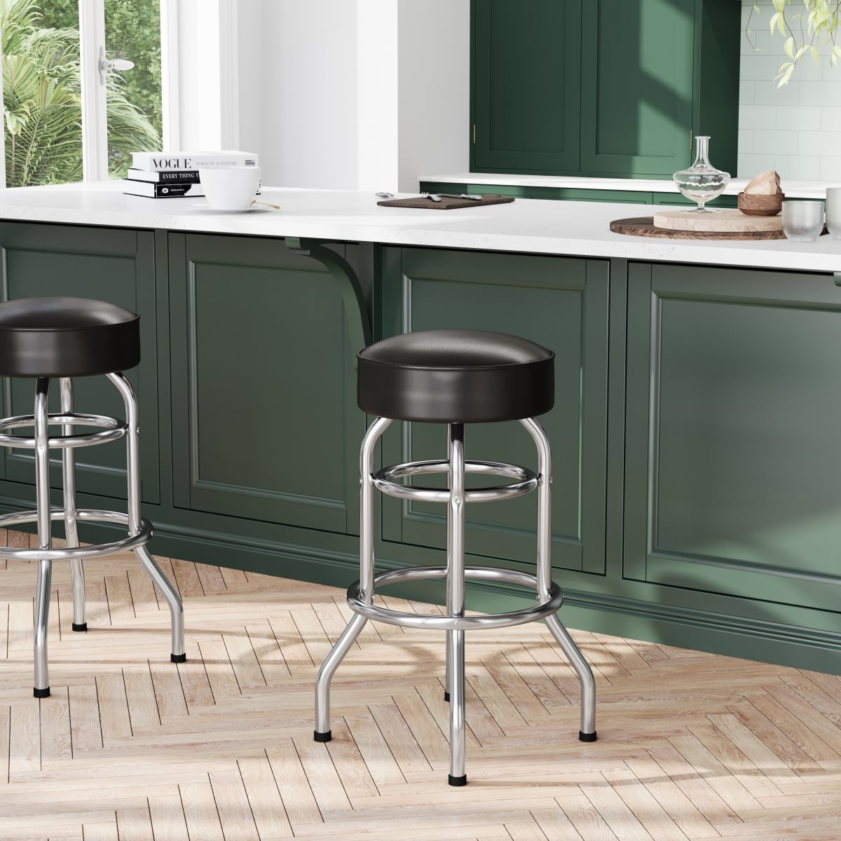 XU-D-100-DKBRN-GG Bruno Double Ring Chrome Barstool with Dark Brown Seat