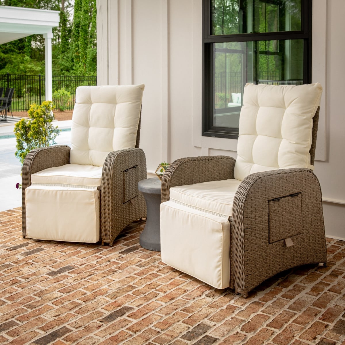 LTS-0422-BG-BR-GG Nemo Indoor & Outdoor Patio Wicker Rattan Recliner Lounge Chair with Flip up Side Table, Beige & Brown