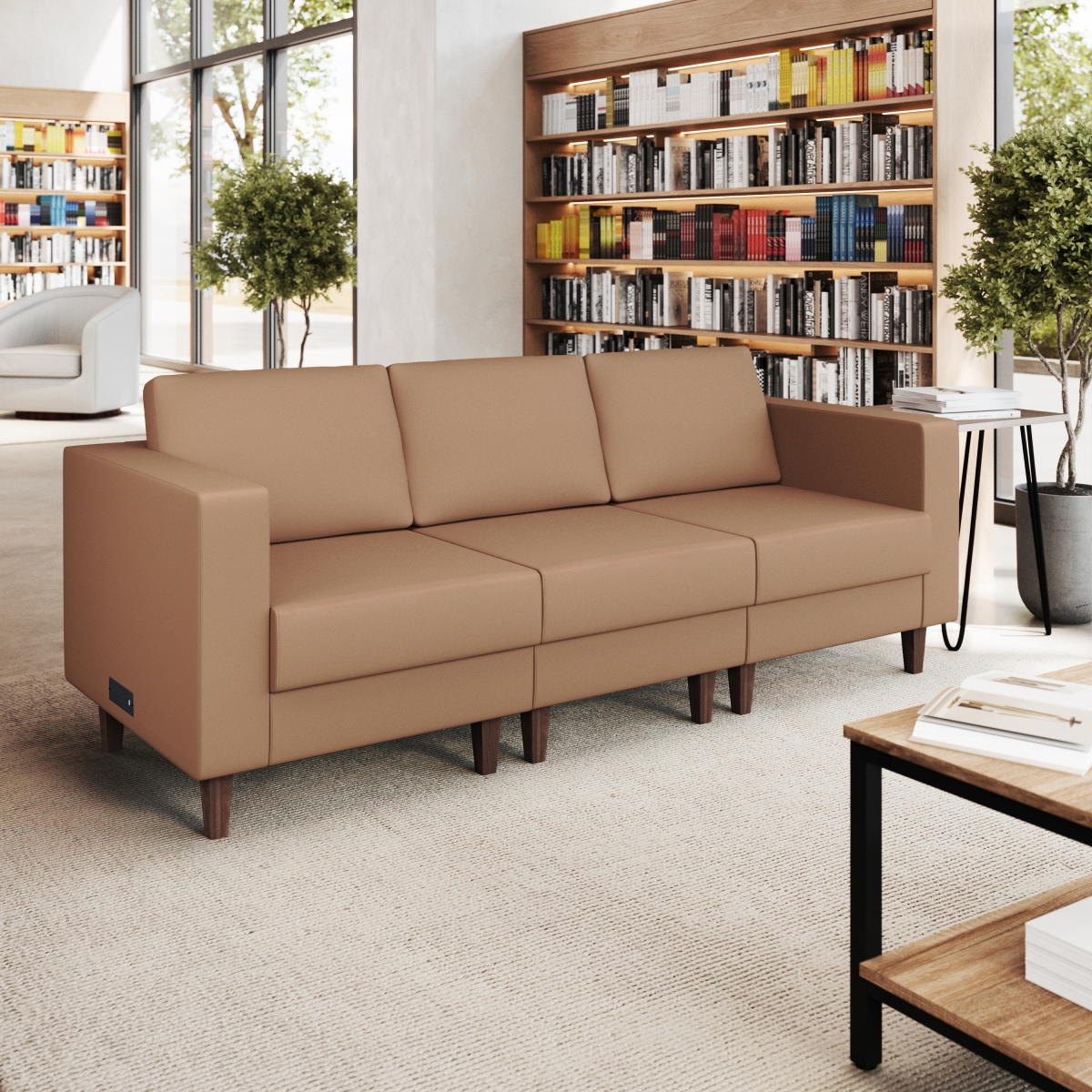 ZB-8921-3S-COGNAC-GG Hercules Artemis Cognac Leather Soft Reception Sofa with 4 AC Outlets & 2 USB & 2 USB-C Ports