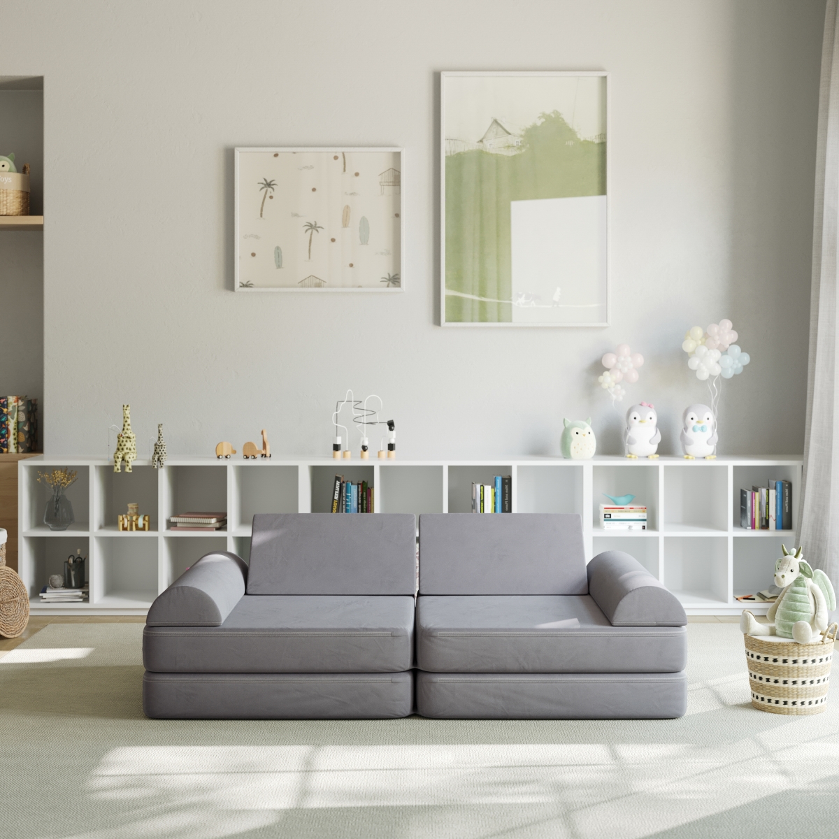 HN-23112-GRY-GG 56 in. Marlowe Modular Kids Play Couch with 6 Soft Foam Sectional Sofa, Gray
