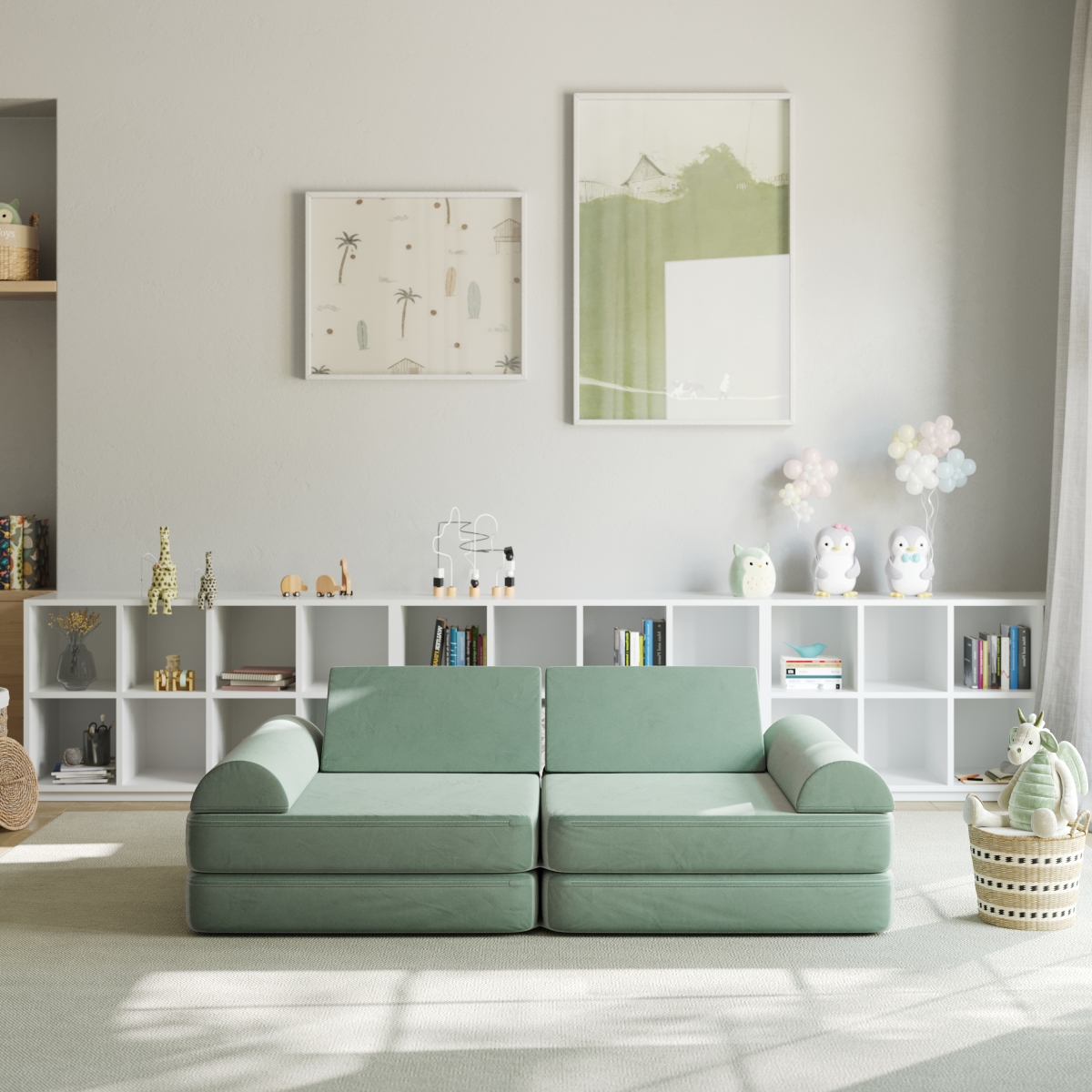 HN-23112-SGE-GG 56 in. Marlowe Modular Kids Play Couch with 6 Soft Foam Sectional Sofa, Sage