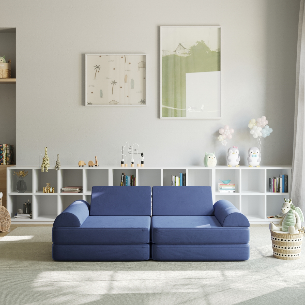 HN-23112-BLU-GG 56 in. Marlowe Modular Kids Play Couch with 6 Soft Foam Sectional Sofa, Blue