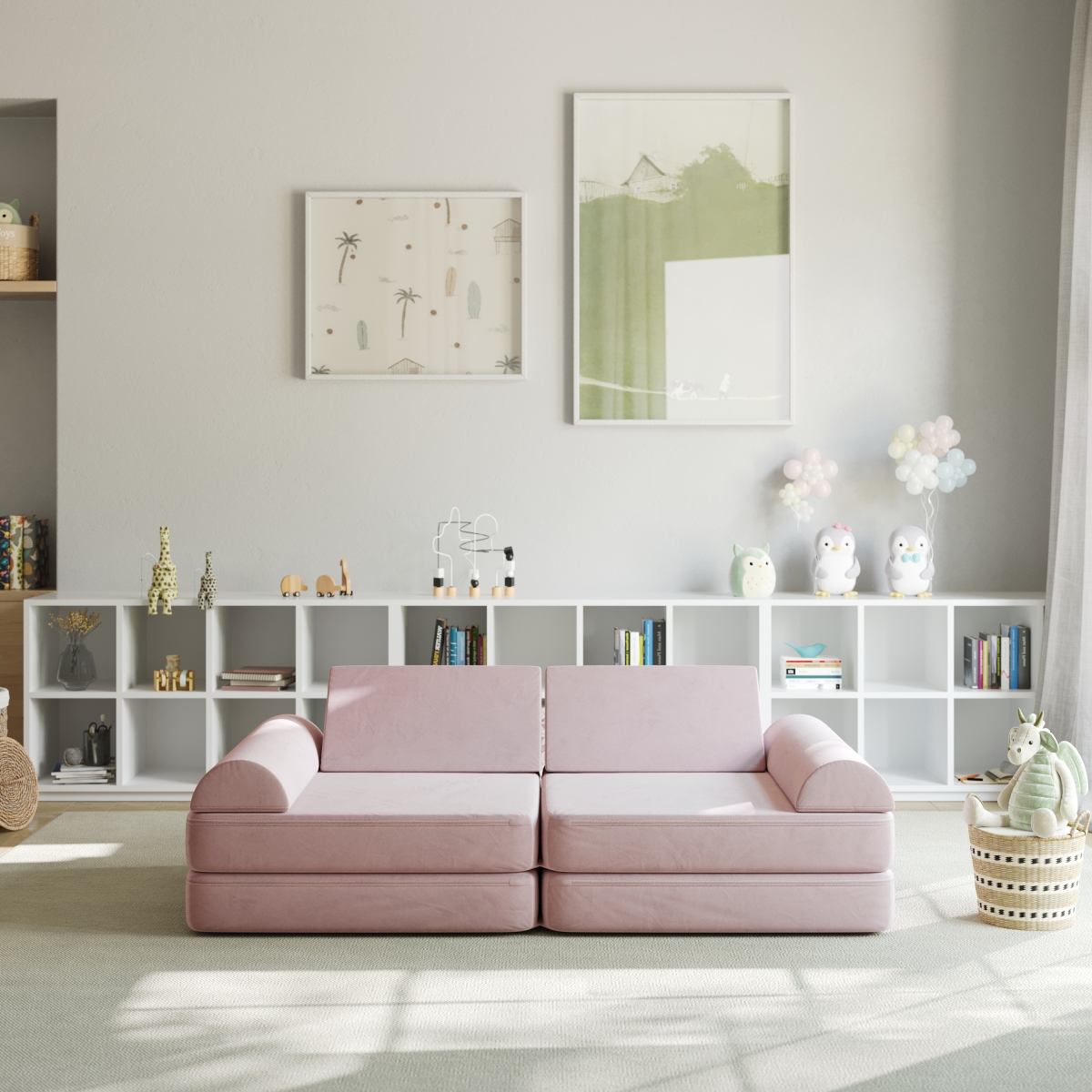 HN-23112-BLSH-GG 56 in. Marlowe Modular Kids Play Couch with 6 Soft Foam Sectional Sofa, Blush