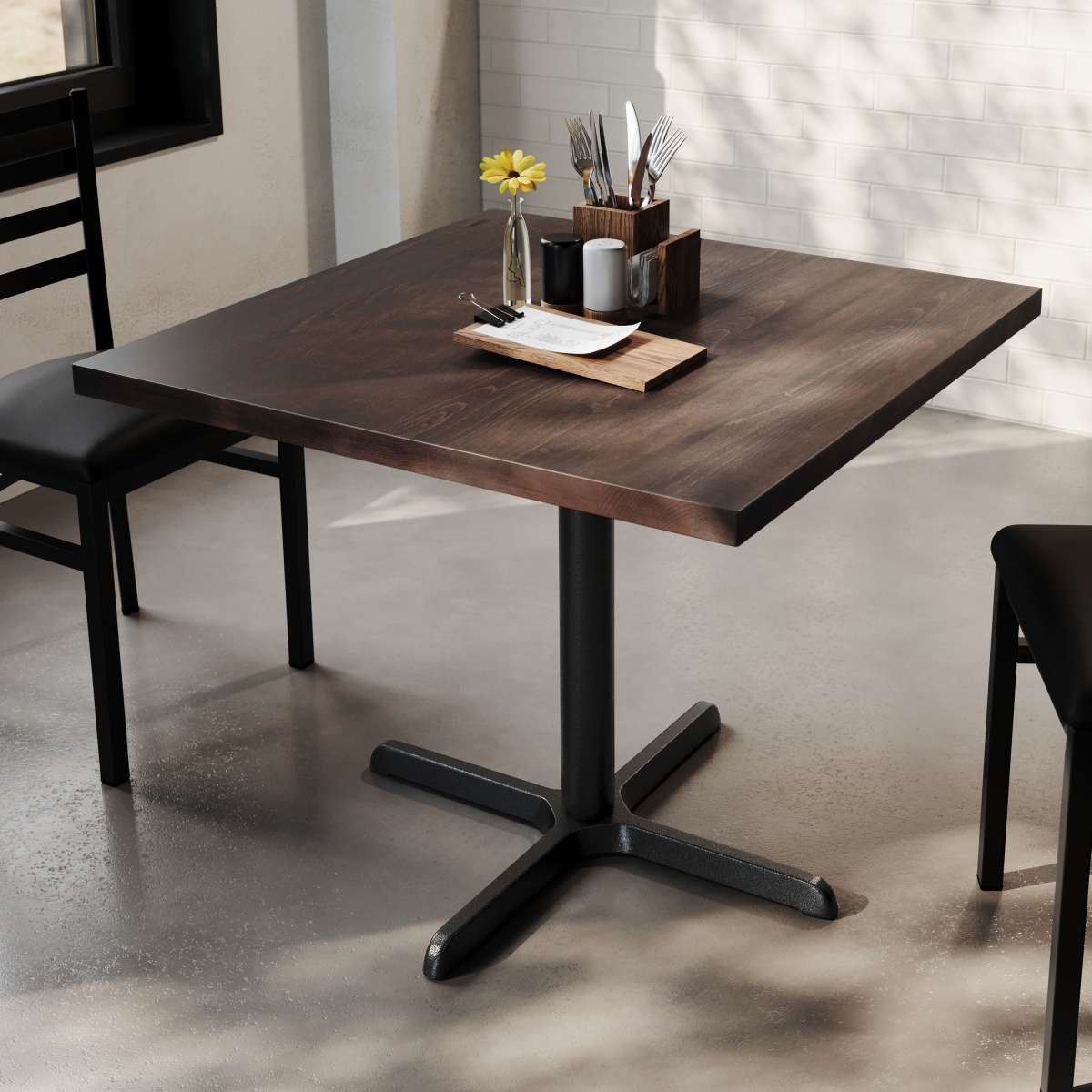 36 in. Bennett Square Solid Wood Commercial Indoor Tabletop with 30 x 30 in. Dining Height Rust-Resistant Black Cast Iron X-Base, Dark Brown