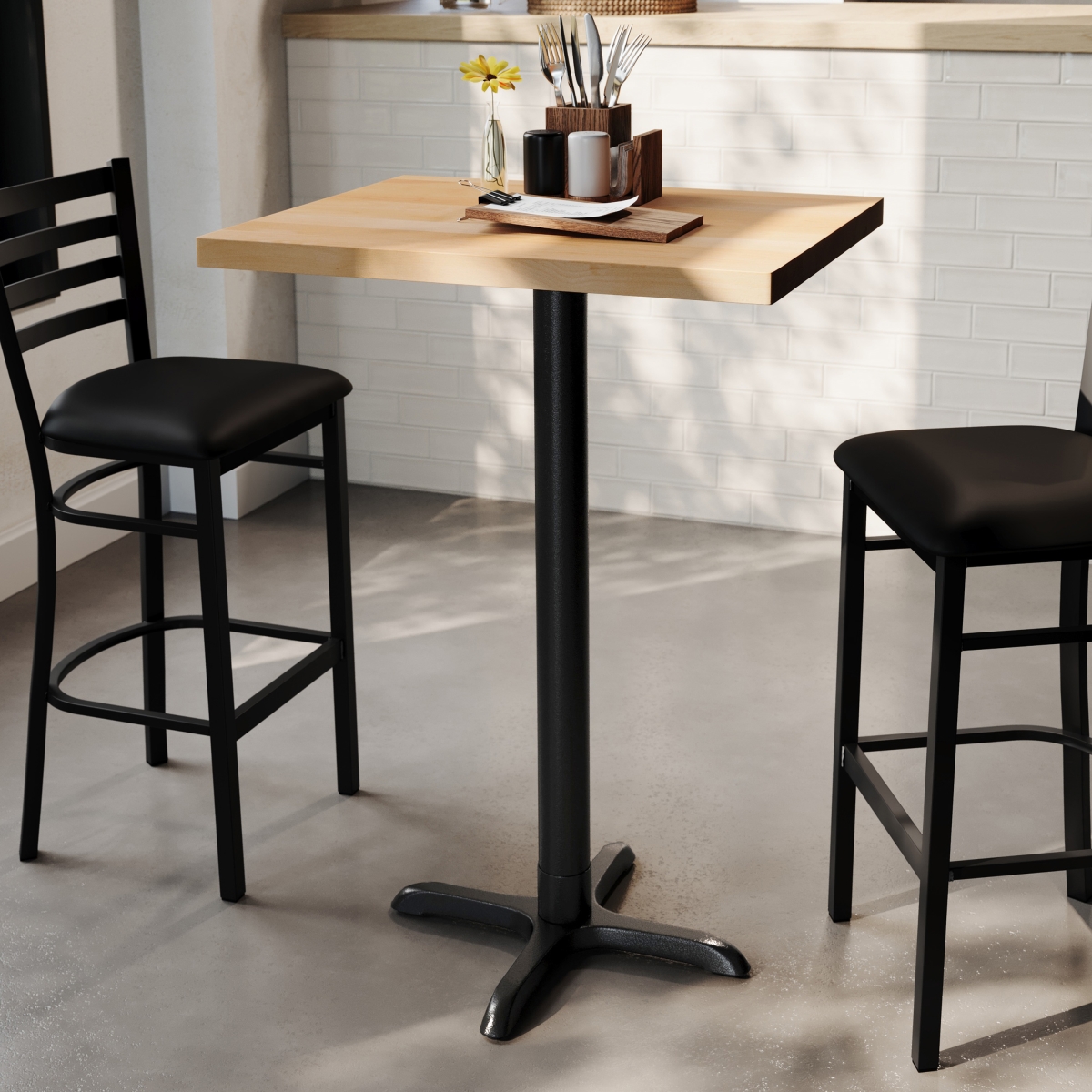24 x 30 in. Bennett Solid Wood Commercial Indoor Tabletop with 22 x 22 in. Bar Height Rust-Resistant Black Cast Iron X-Base, Natural