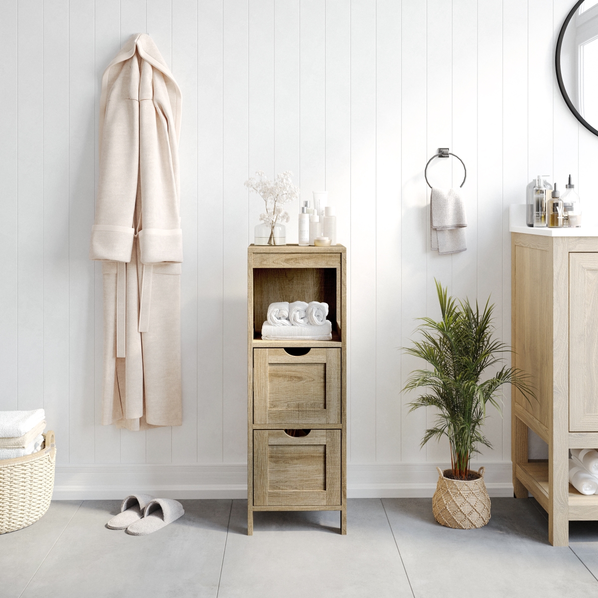 FS-BATH-4-BR-GG Dune Farmhouse Bathroom Storage Organizer with Two Removable Drawers & Open Display Shelf, Brown