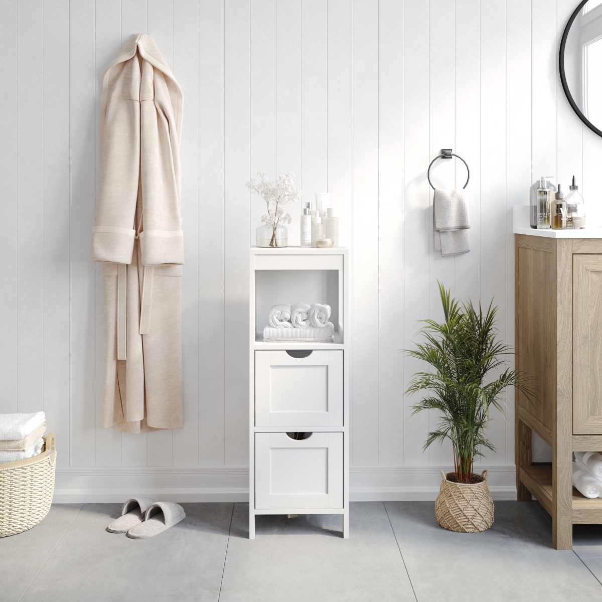 FS-BATH-4-WH-GG Dune Farmhouse Bathroom Storage Organizer with Two Removable Drawers & Open Display Shelf, White