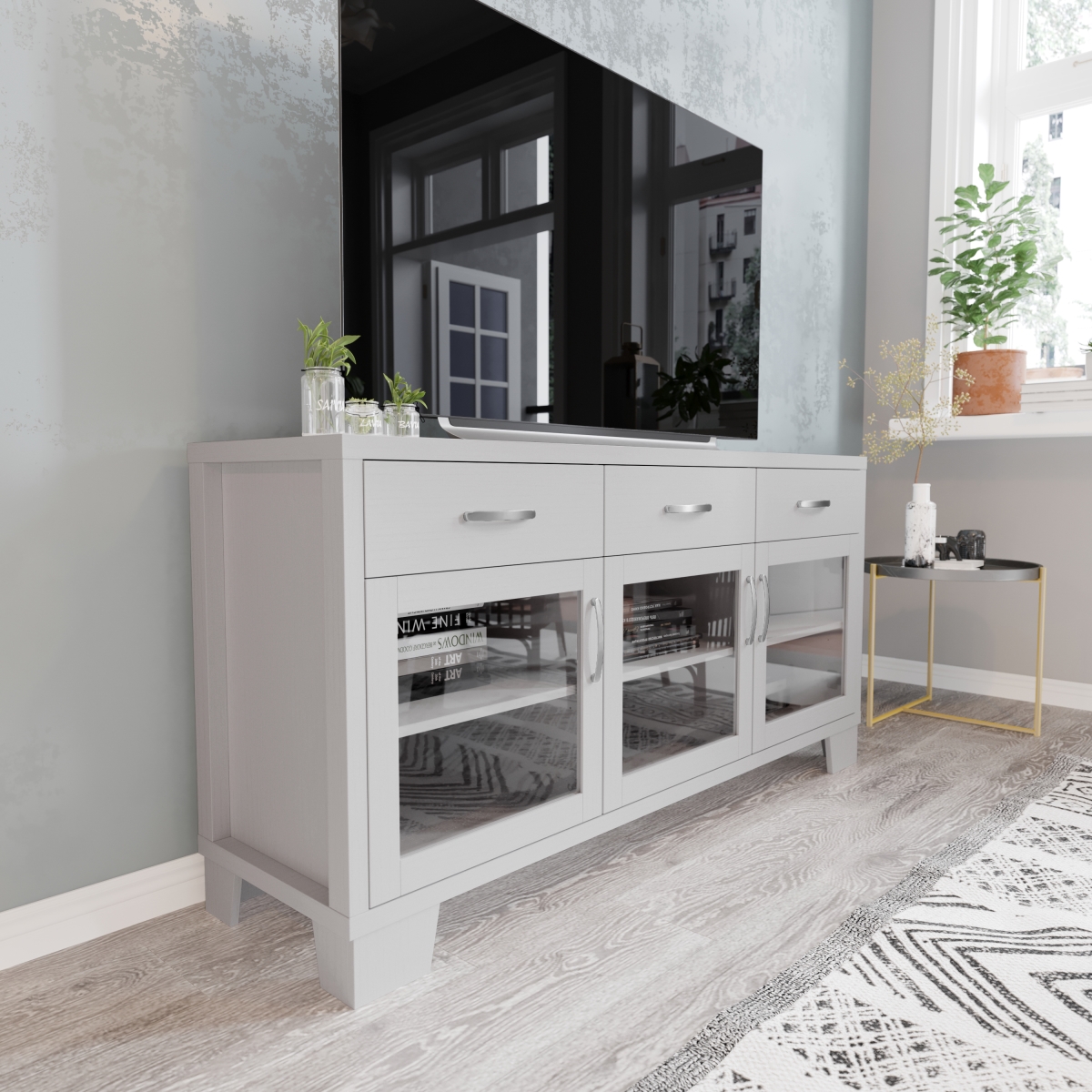 EV-CA7515-01ZZ-WH-GG 59 in. Wells White Modern Kitchen & Dining Room Buffet Sideboard Storage Cabinet
