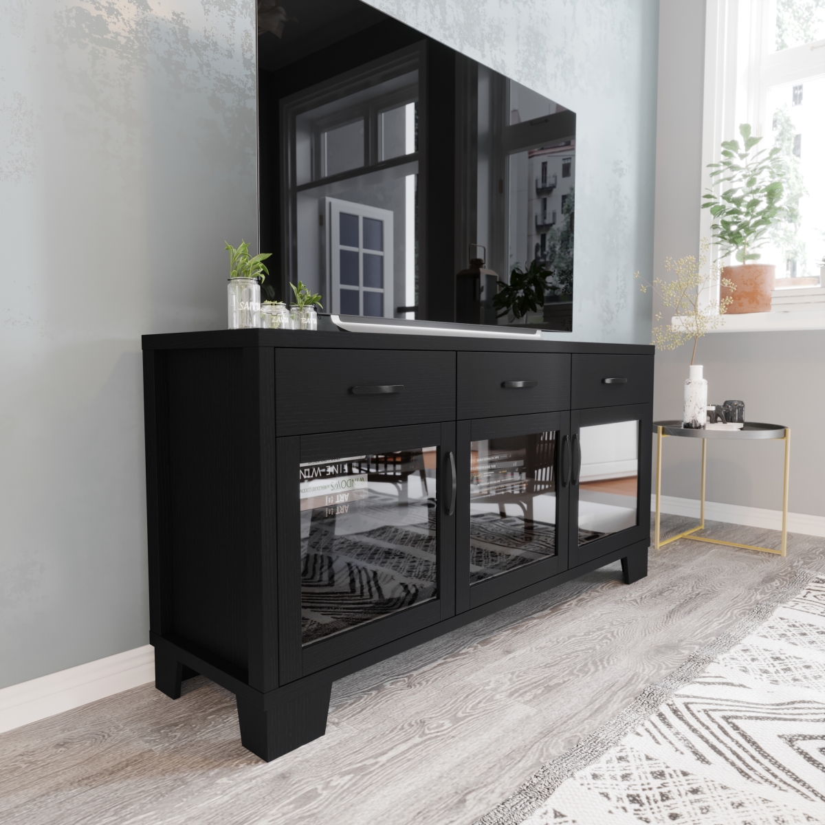 EV-CA7515-01ZZ-BK-GG 59 in. Wells Black Modern Kitchen & Dining Room Buffet Sideboard Storage Cabinet