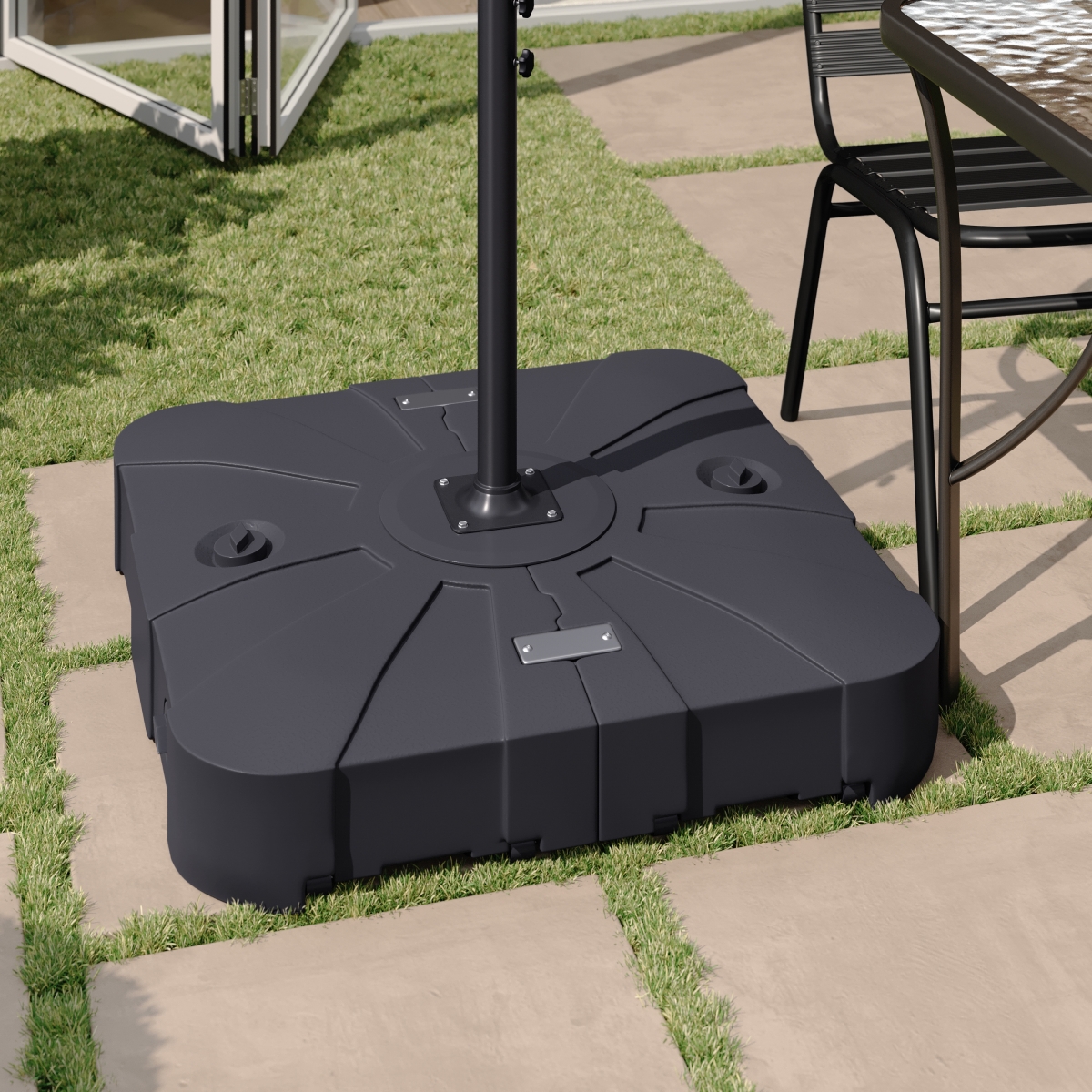 GM-WL-80040FA-L-BK-GG Hank Heavy Duty Weather Resistant Universal Offset Umbrella Base with Grooved Handles & Built-In Wheels - Black