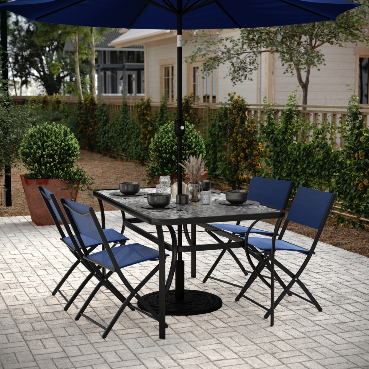 TLH-SC-094L-BLK-GG 35 x 59 in. Tory Commercial Grade Rectangular Patio Table with Tempered Glass Top, Black