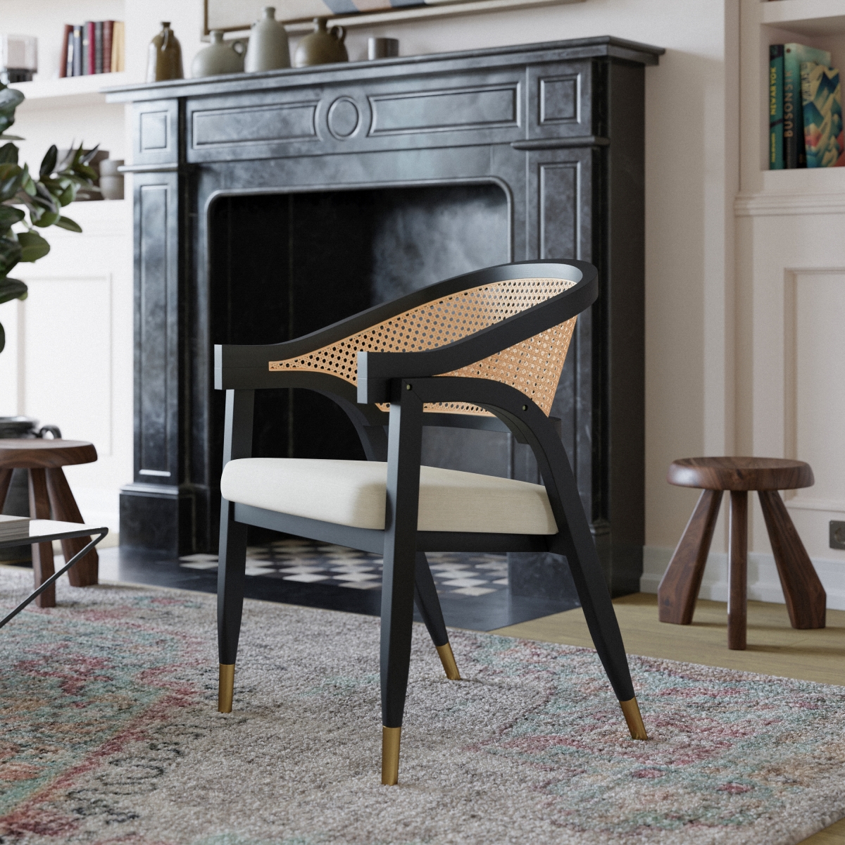 Naomi Commercial Cane Rattan Dining & Accent Chair with Solid Wood Frame Gold Tipped Legs & Beige Padded Seat, Natural & Black