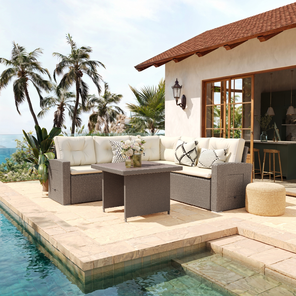Huck Indoor & Outdoor Wicker Rattan Conversation L-Shaped Sofa Set with Dining Table, Weather Resistant Cushions, Beige & Brown