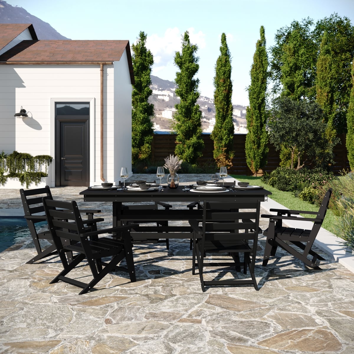 Tolleson Commercial 7 Piece Adirondack Dining Set with 72 in. Rectangle Indoor & Outdoor Recycled HDPE Table & 6 Chair with Cupholders, Black