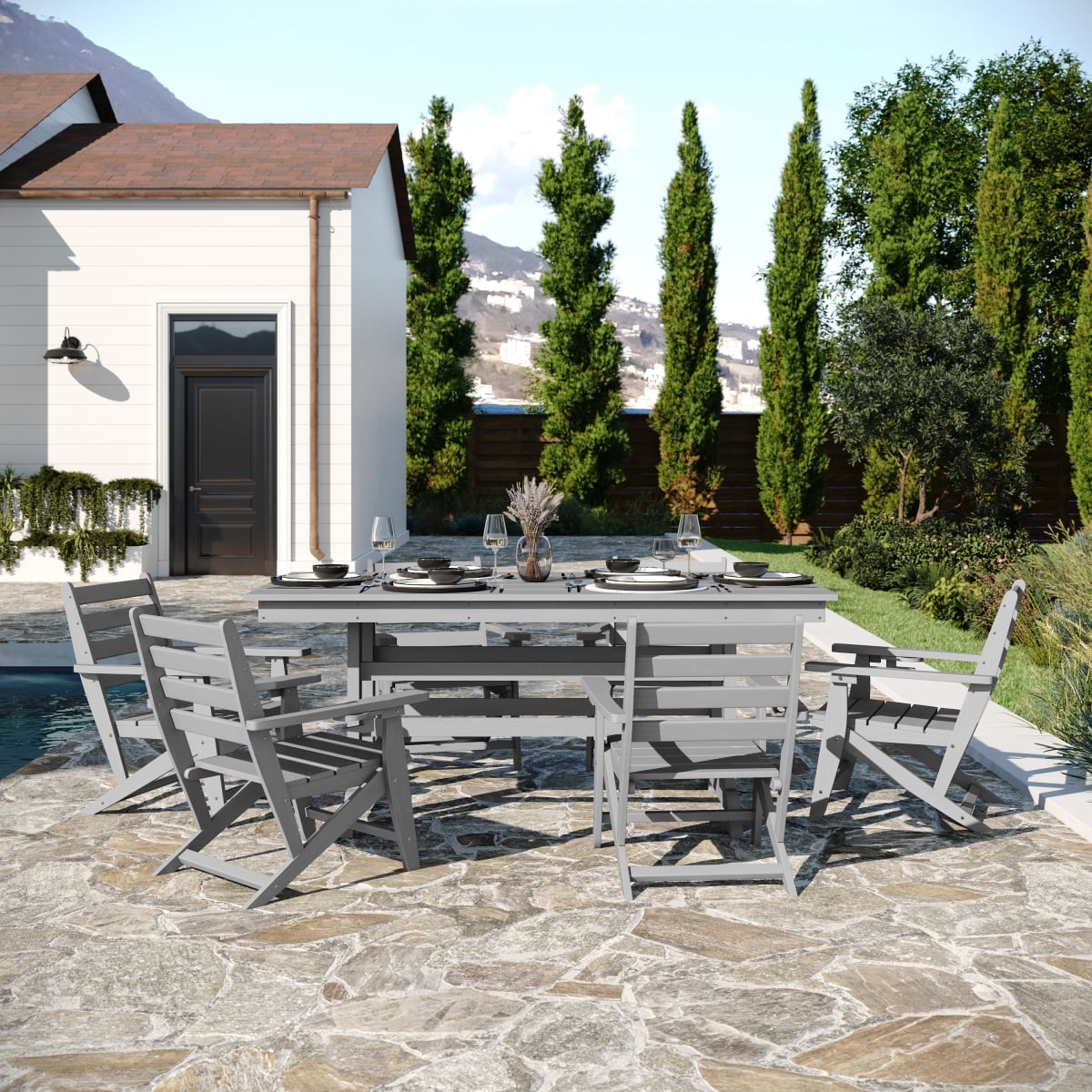 Tolleson Commercial 7 Piece Adirondack Dining Set with 72 in. Rectangle Indoor & Outdoor Recycled HDPE Table & 6 Chair with Cupholders, Gray
