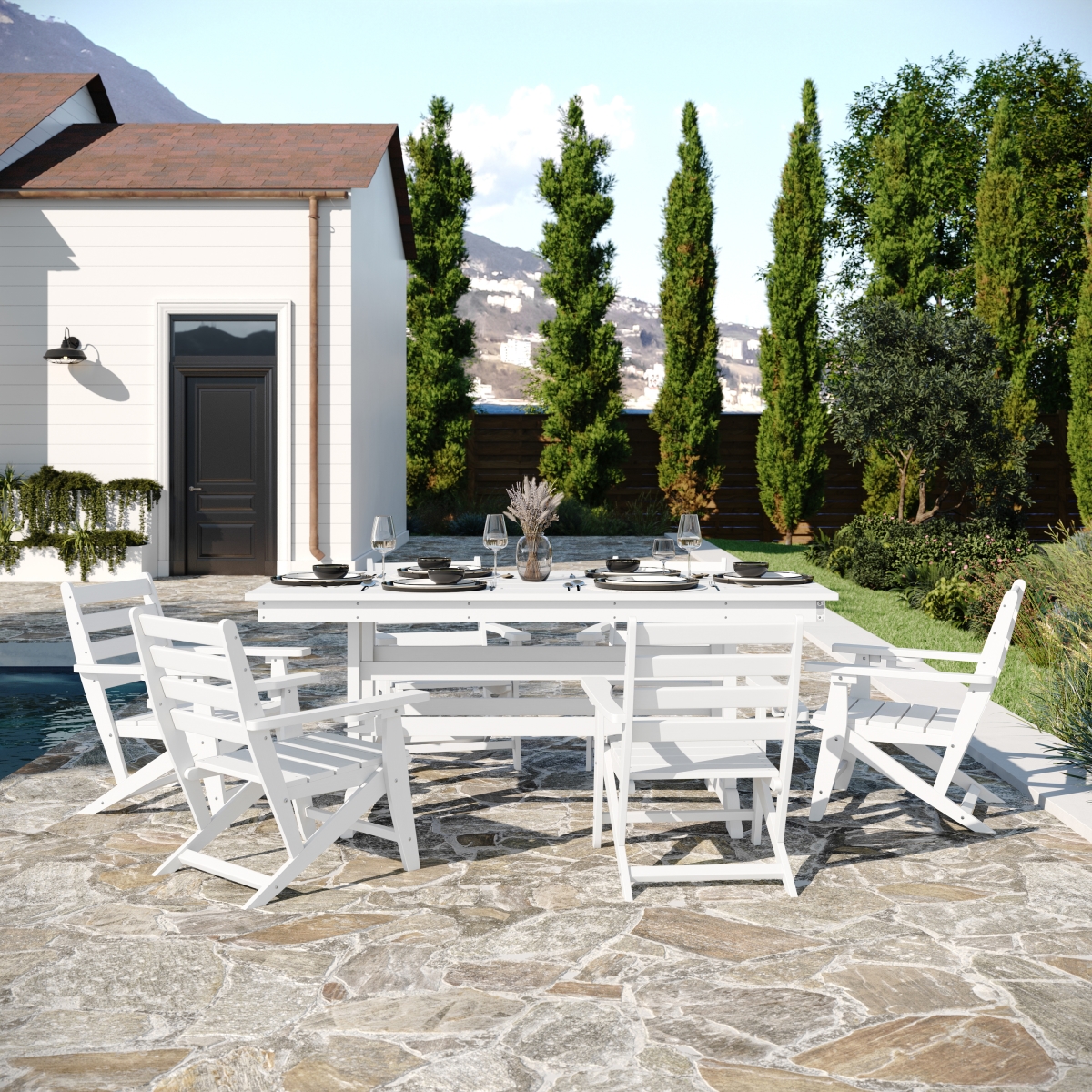 Tolleson Commercial 7 Piece Adirondack Dining Set with 72 in. Rectangle Indoor & Outdoor Recycled HDPE Table & 6 Chair with Cupholders, White