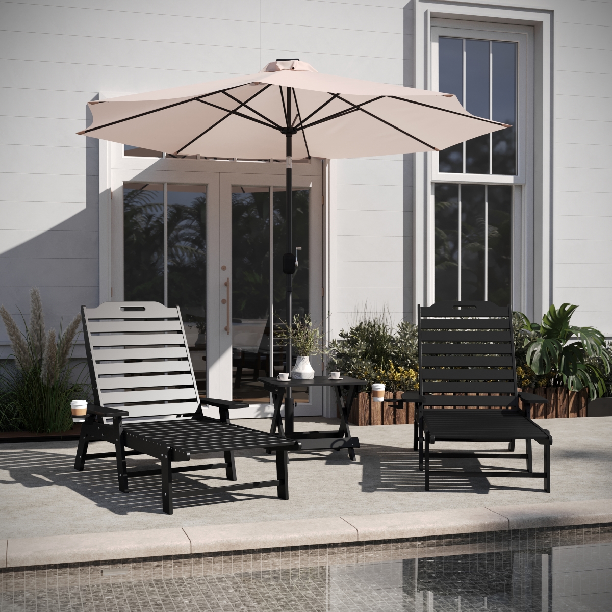 LE-HMP-2017-2-T1620H-BK-GG Monterey Commercial Grade 3 Piece Indoor & Outdoor Adirondack Set with 2 Adjustable HDPE Loungers, Black