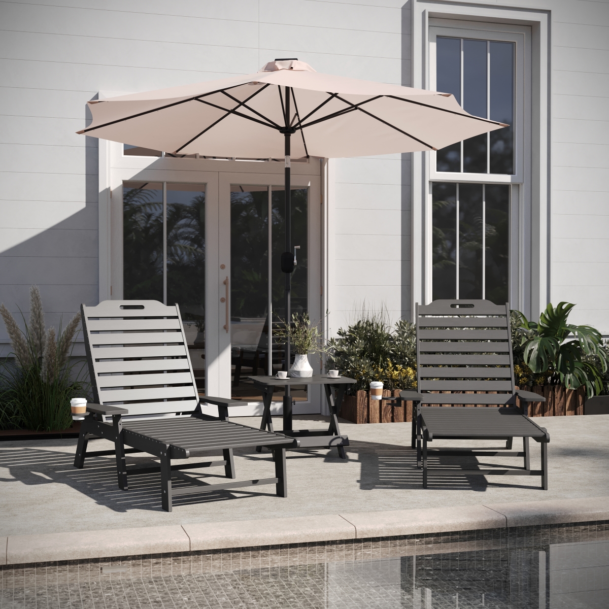 LE-HMP-2017-2-T1620H-GY-GG Monterey Commercial Grade 3 Piece Indoor & Outdoor Adirondack Set with 2 Adjustable HDPE Loungers, Gray