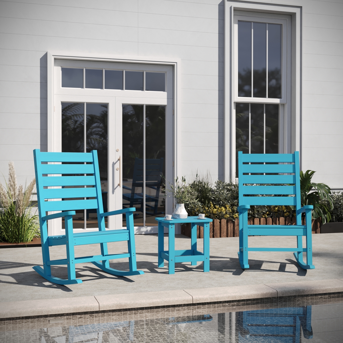 Manchester Commercial Grade 3 Piece Indoor & Outdoor Set with 2 Contemporary All-Weather HDPE Rocking Chair & End Table, Blue