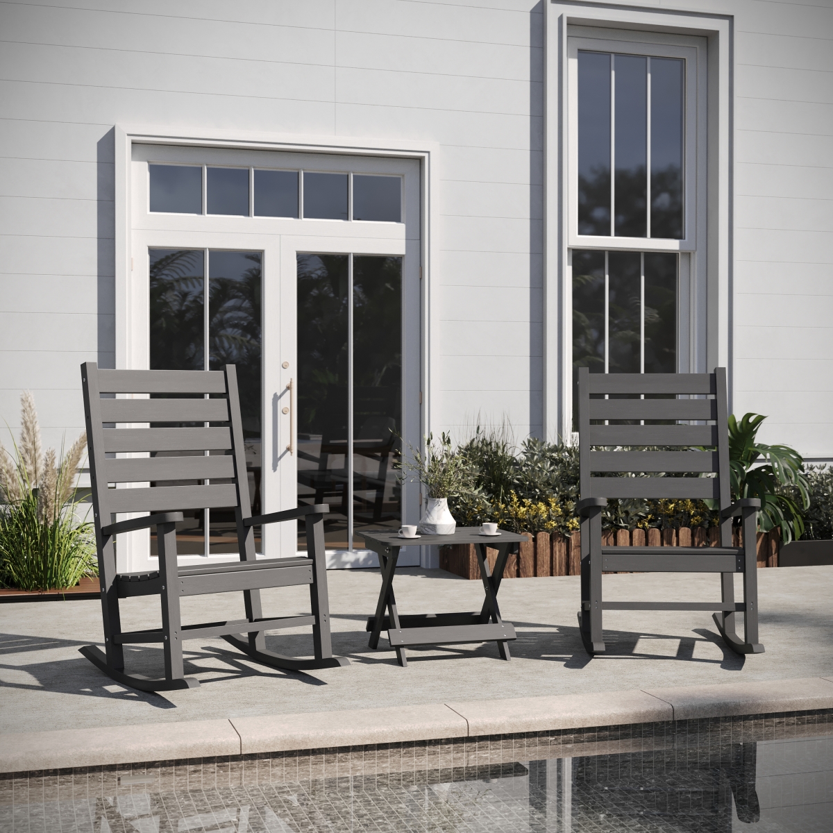 Manchester Commercial Grade 3 Piece Indoor & Outdoor Set with 2 Contemporary All-Weather HDPE Rocking Chair & End Table, Gray