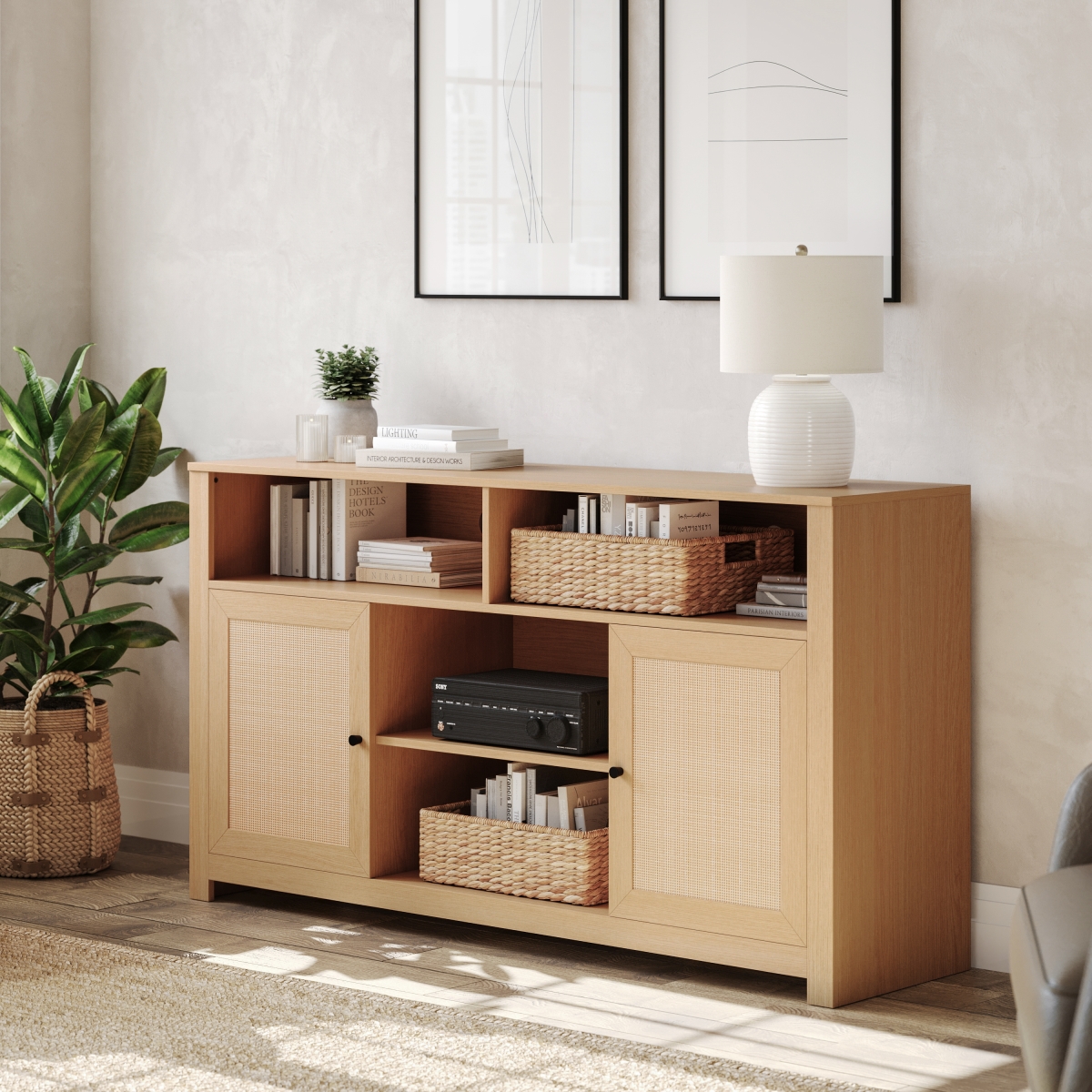 EV-ET8114-ZZ-NAT-GG 58 in. Malaki Mid-Century Modern Buffet Sideboard with 2 Soft Close Doors & Adjustable Center Shelf, Natural & Rattan