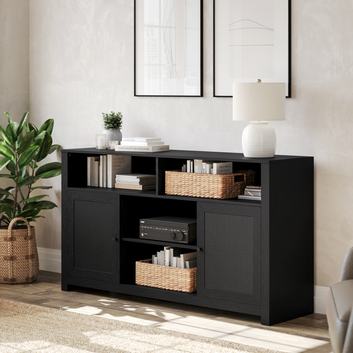EV-ET8114-ZZ-BLK-GG 58 in. Malaki Mid-Century Modern Buffet Sideboard with 2 Soft Close Doors & Adjustable Center Shelf, Black & Rattan