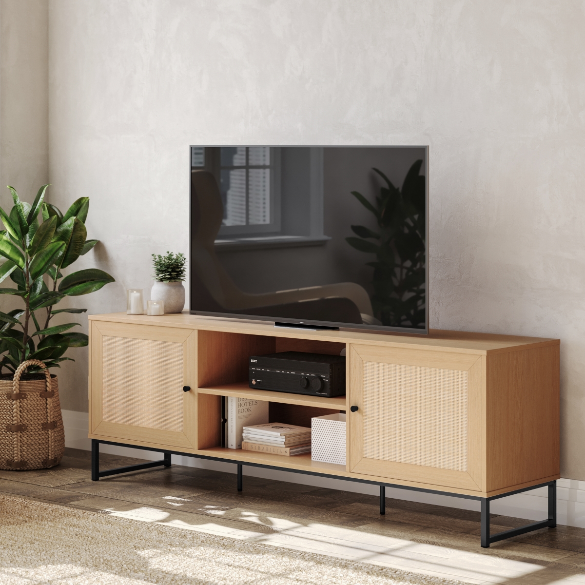 EV-ET4216-ZZ-NAT-GG 65 in. Malaki Mid-Century Modern TV Stand with 2 Rattan Soft Close Doors & Fixed Center Shelf, Natural
