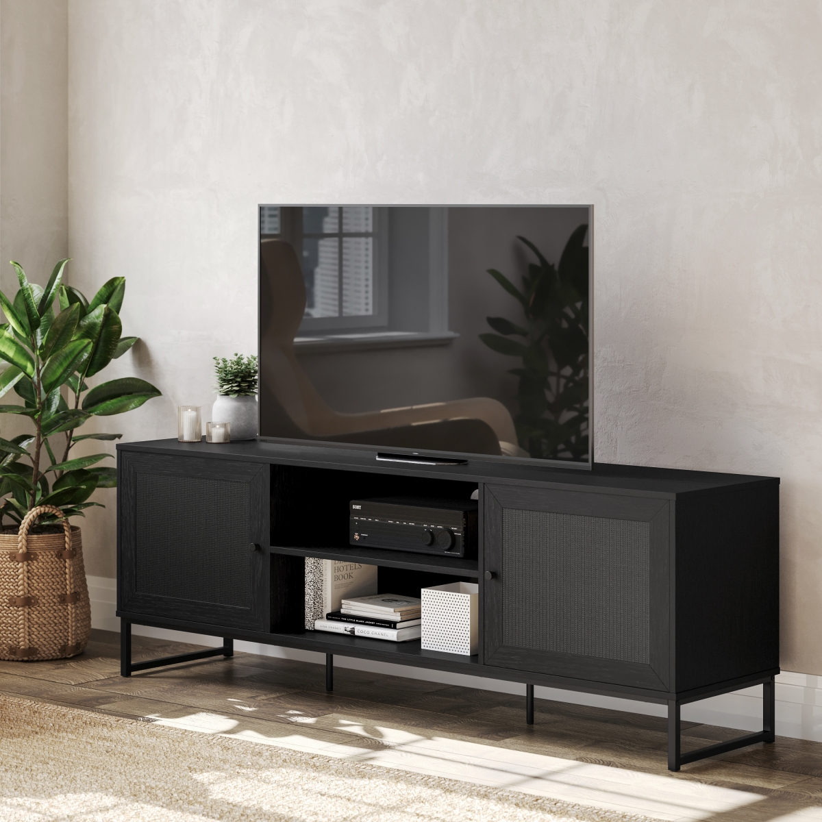 EV-ET4216-ZZ-BLK-GG 65 in. Malaki Mid-Century Modern TV Stand with 2 Rattan Soft Close Doors & Fixed Center Shelf, Black