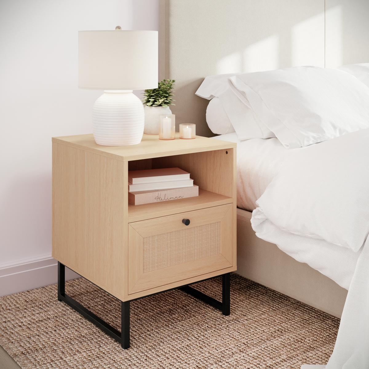 2-EV-ST4043-ZZ-NAT-GG Malaki Mid-Century Modern Nightstands or End Table with Rattan Accented Drawers, Natural - Set of 2