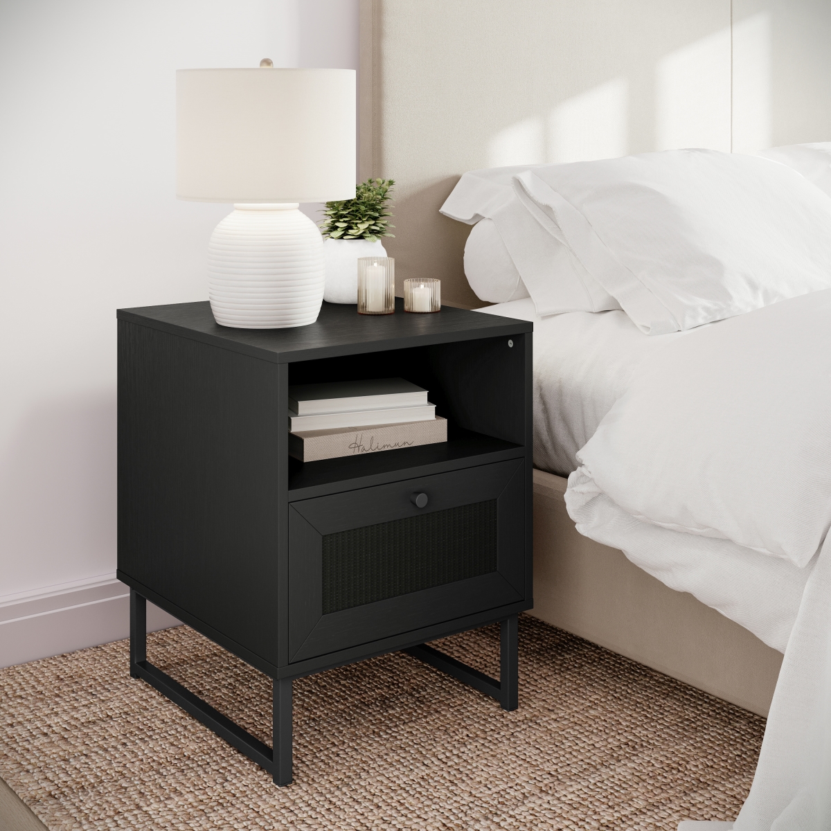 2-EV-ST4043-ZZ-BLK-GG Malaki Mid-Century Modern Nightstands or End Table with Rattan Accented Drawers, Black - Set of 2